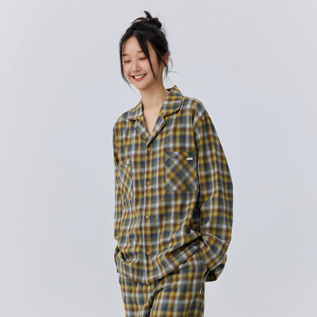 Unisex Blue & Yellow Gradient Plaid Loungewear Set, Spring & Autumn Pajamas