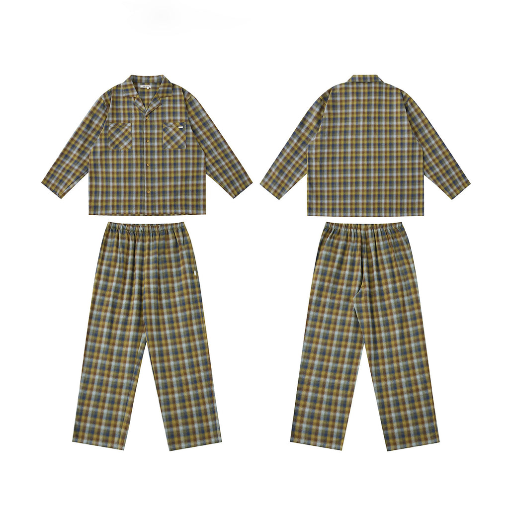Unisex Blue & Yellow Gradient Plaid Loungewear Set, Spring & Autumn Pajamas