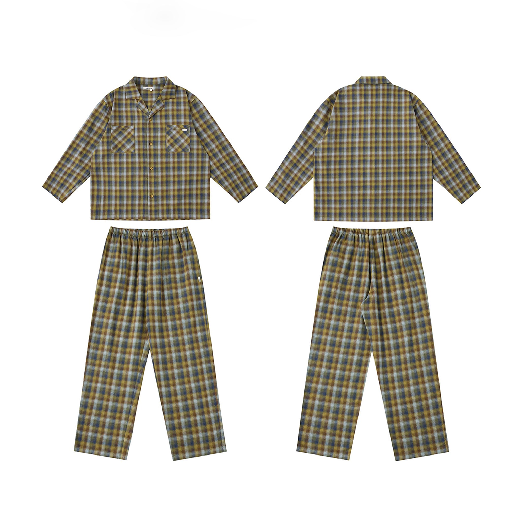 Unisex Blue & Yellow Gradient Plaid Loungewear Set, Spring & Autumn Pajamas